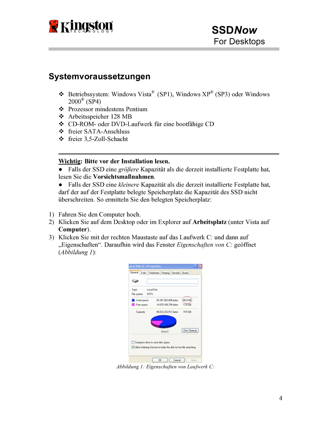 Kingston Technology 07-16-2009 manual Systemvoraussetzungen, Wichtig Bitte vor der Installation lesen 