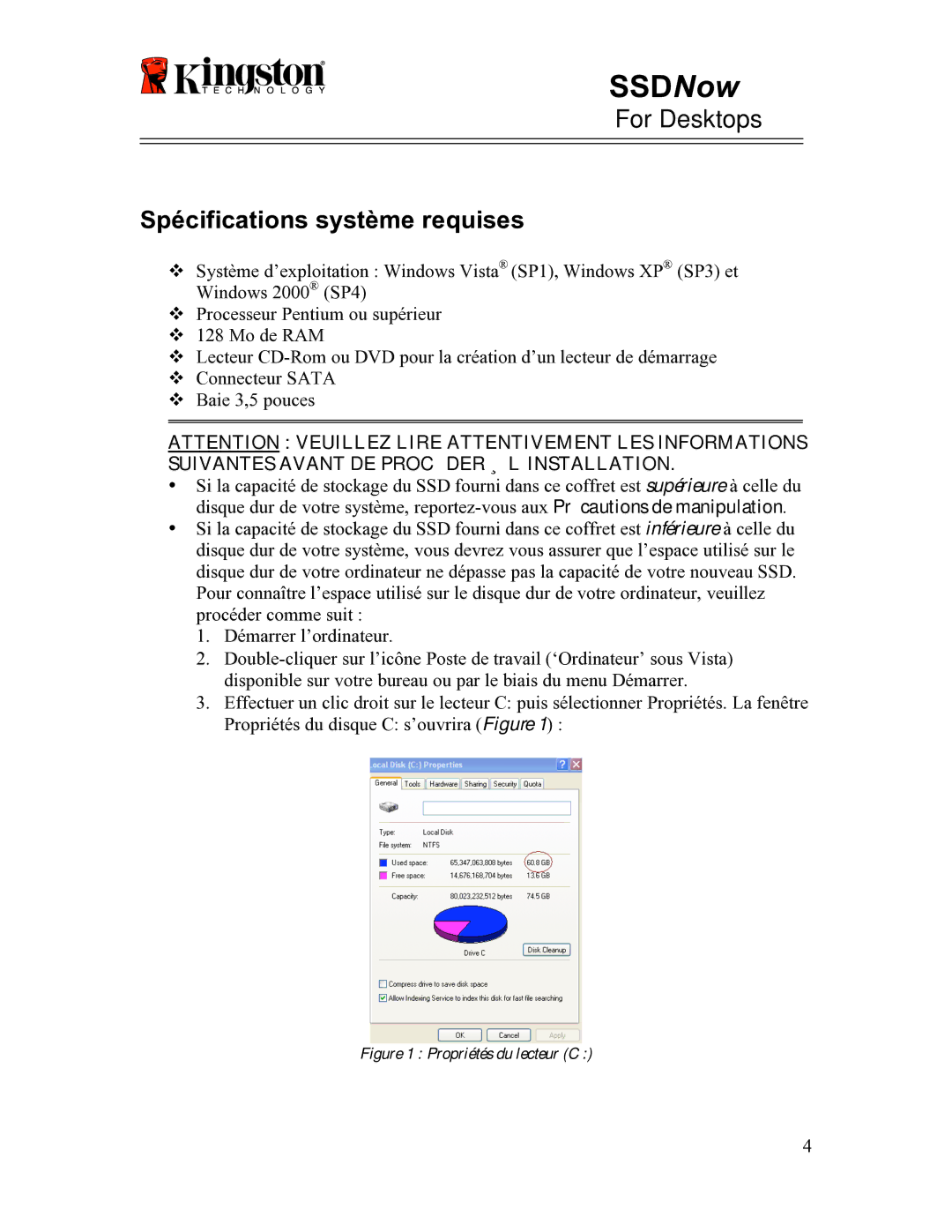 Kingston Technology 07-16-2009 manual Spécifications système requises, Propriétés du lecteur C 