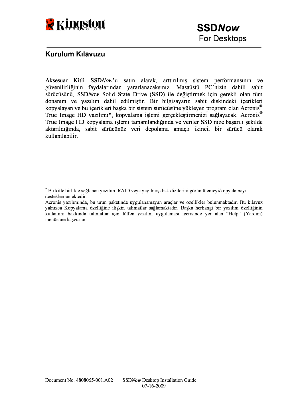 Kingston Technology 07-16-2009 manual Kurulum Kılavuzu, SSDNow, For Desktops 