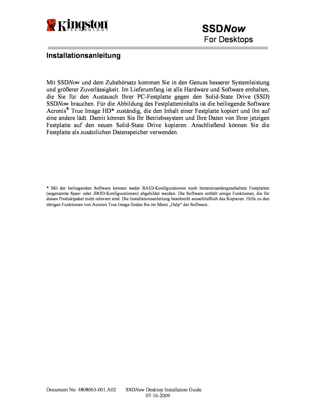 Kingston Technology 07-16-2009 manual Installationsanleitung, SSDNow, For Desktops 