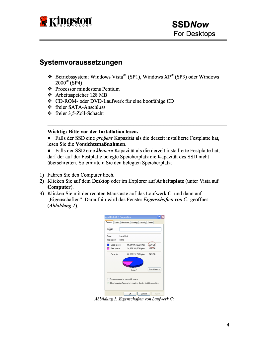 Kingston Technology 07-16-2009 manual Systemvoraussetzungen, SSDNow, For Desktops, Wichtig Bitte vor der Installation lesen 