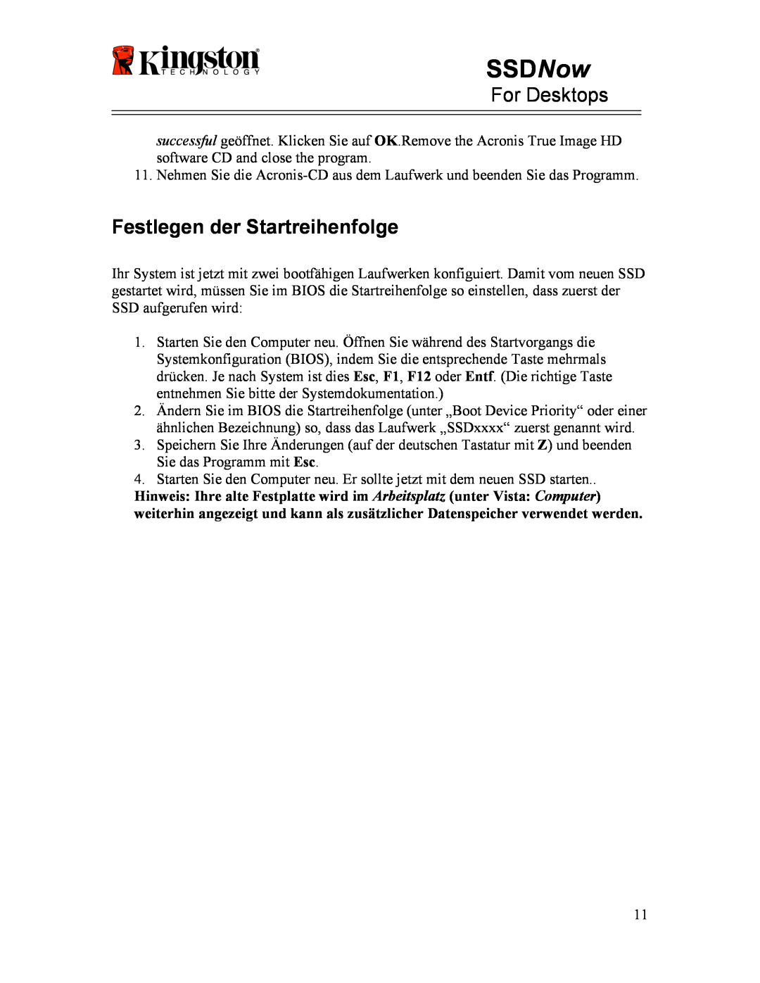 Kingston Technology 07-16-2009 manual Festlegen der Startreihenfolge, SSDNow, For Desktops 