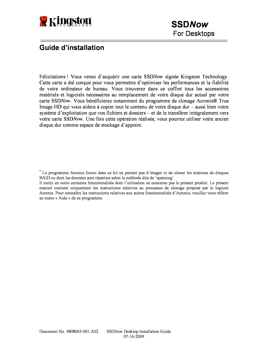 Kingston Technology 07-16-2009 manual Guide d’installation, SSDNow, For Desktops 