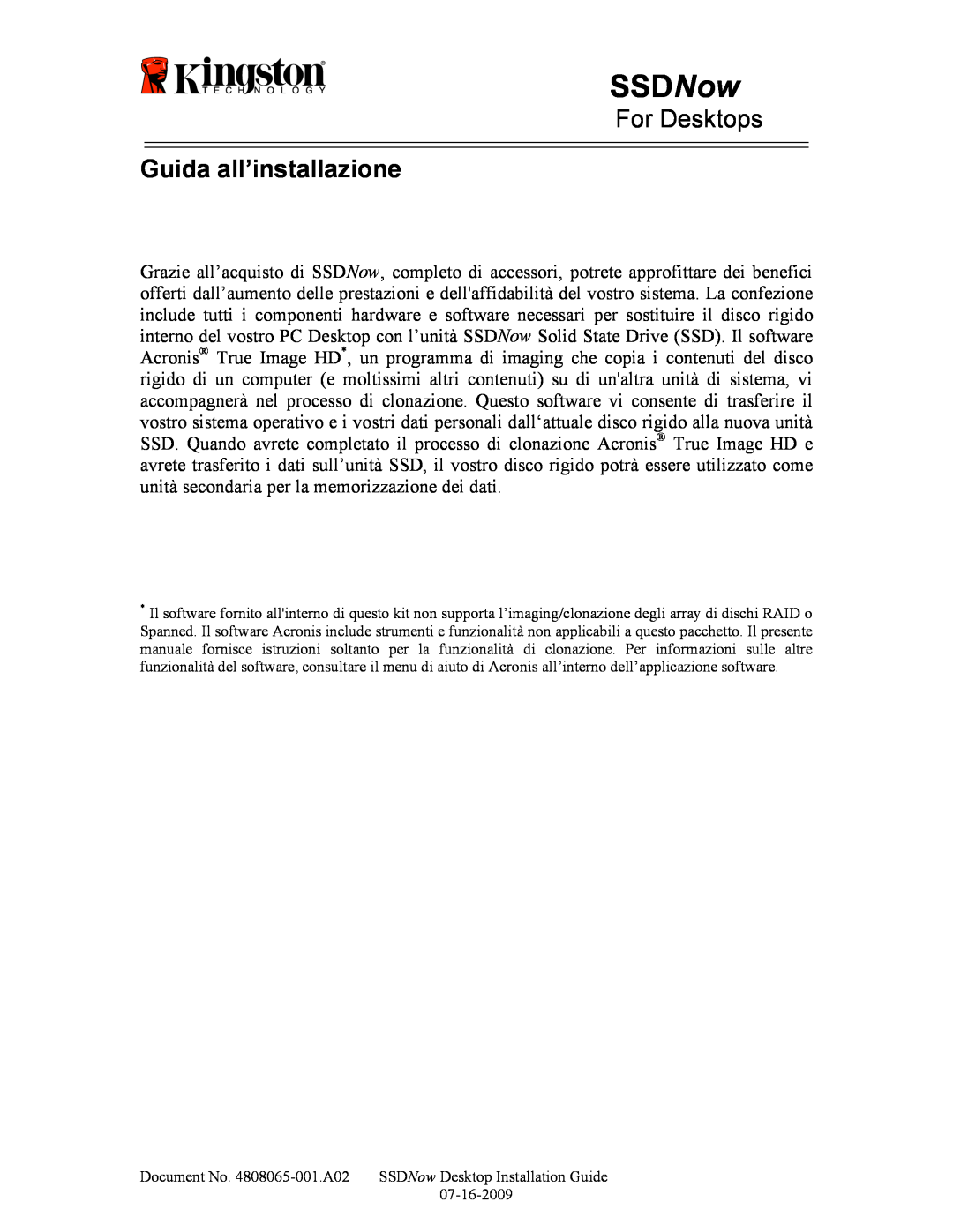 Kingston Technology 07-16-2009 manual Guida all’installazione, SSDNow, For Desktops 