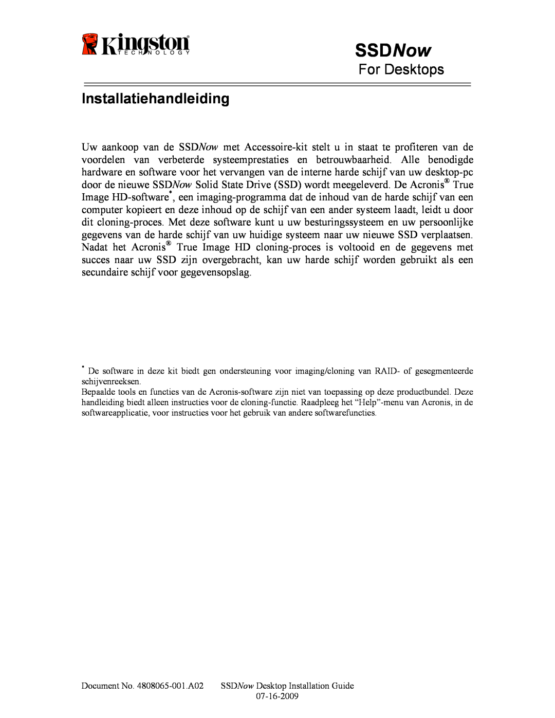 Kingston Technology 07-16-2009 manual Installatiehandleiding, SSDNow, For Desktops 