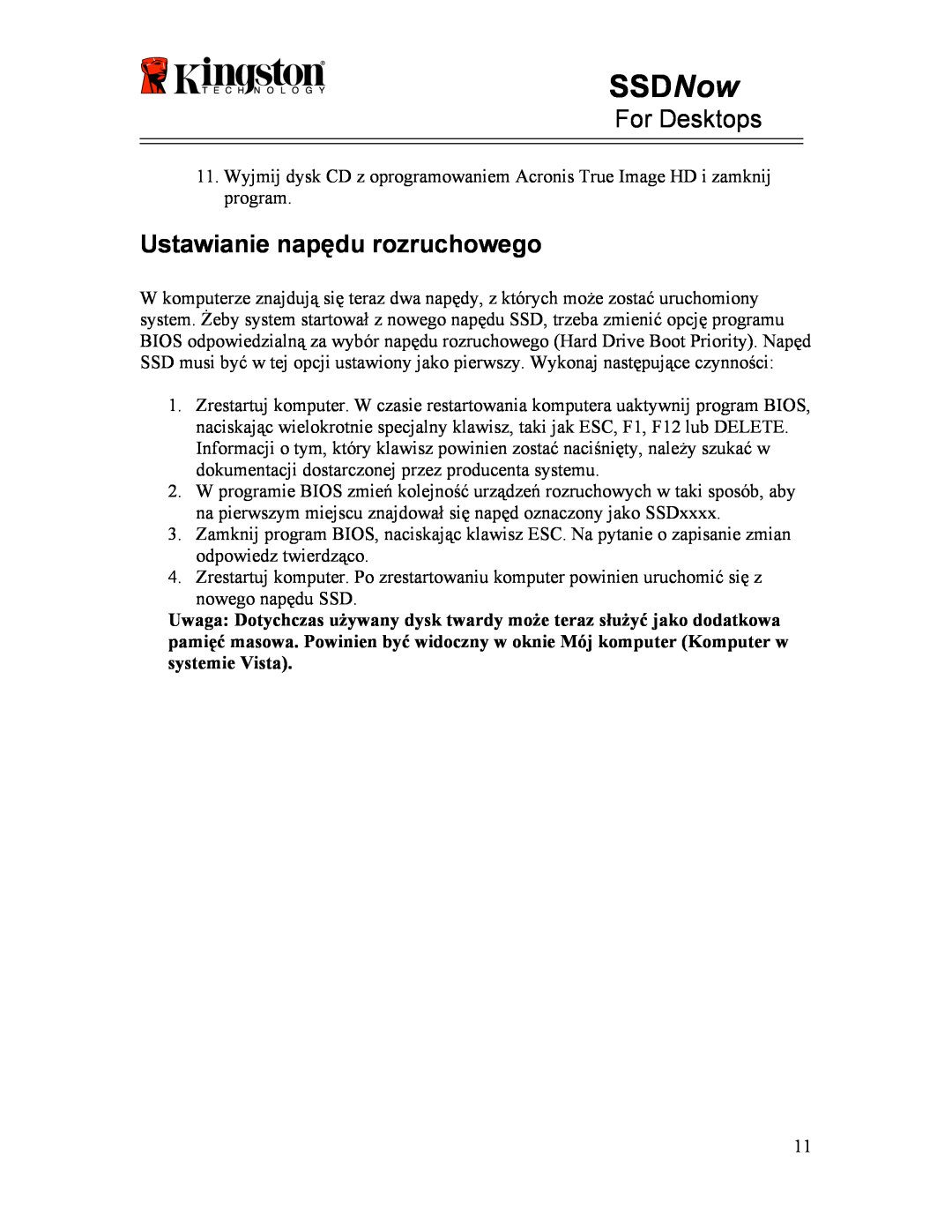 Kingston Technology 07-16-2009 manual Ustawianie napędu rozruchowego, SSDNow, For Desktops 