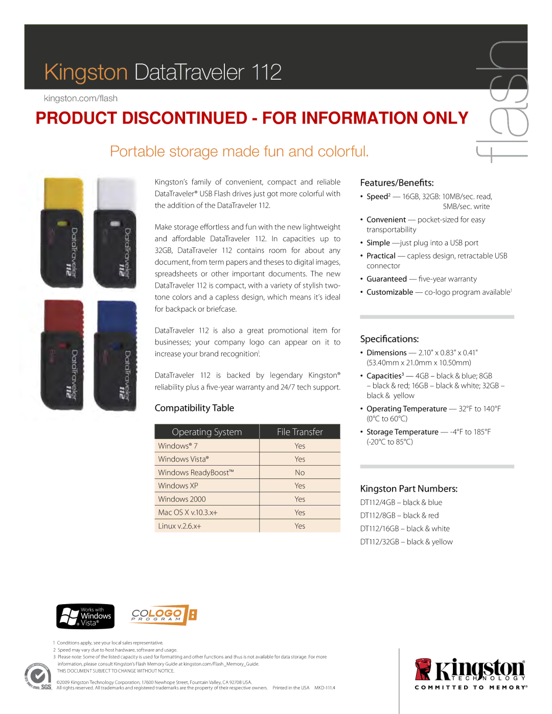 Kingston Technology 112 warranty Flash, Operating System 