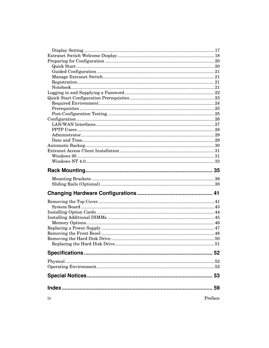 Kingston Technology 2000 manual Rack Mounting, Changing Hardware Configurations, Specifications, Special Notices Index 