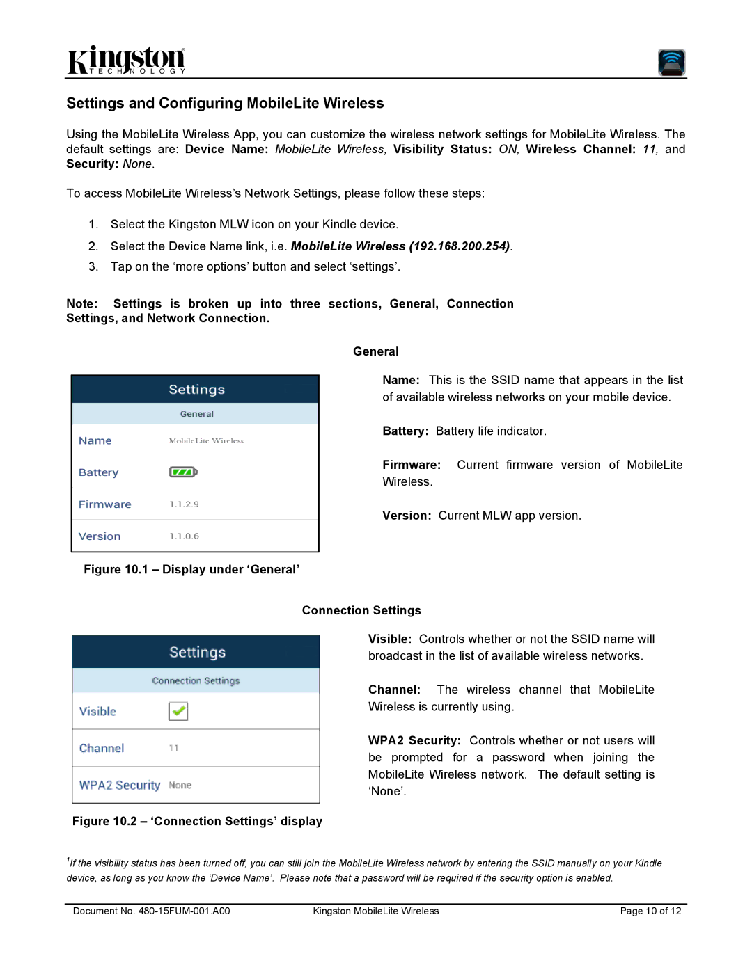 Kingston Technology 480-15FUM-001.A00 user manual Settings and Configuring MobileLite Wireless 