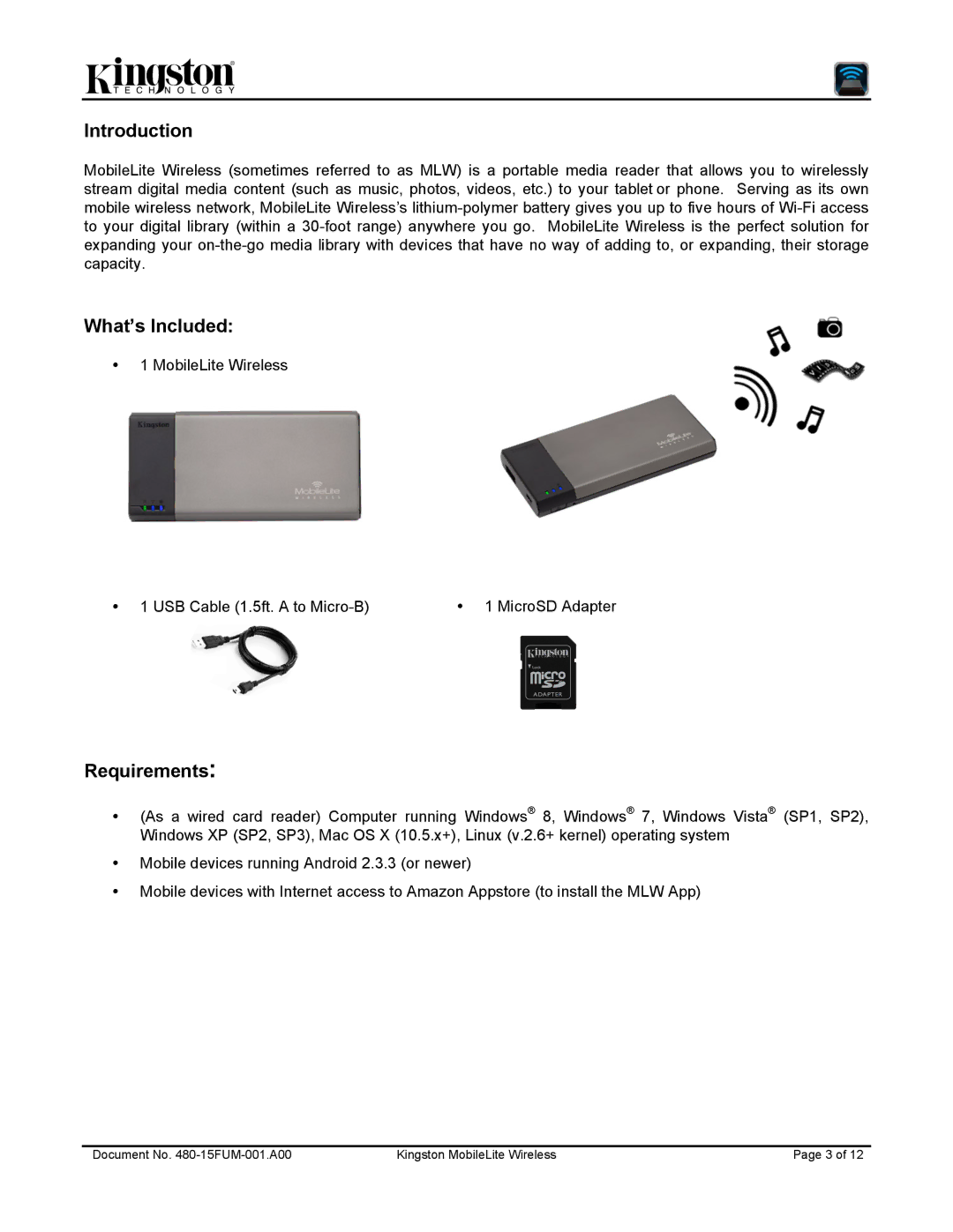 Kingston Technology 480-15FUM-001.A00 user manual Introduction, What’s Included, Requirements 