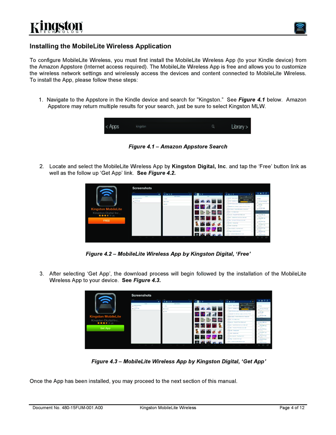 Kingston Technology 480-15FUM-001.A00 user manual Installing the MobileLite Wireless Application, Amazon Appstore Search 