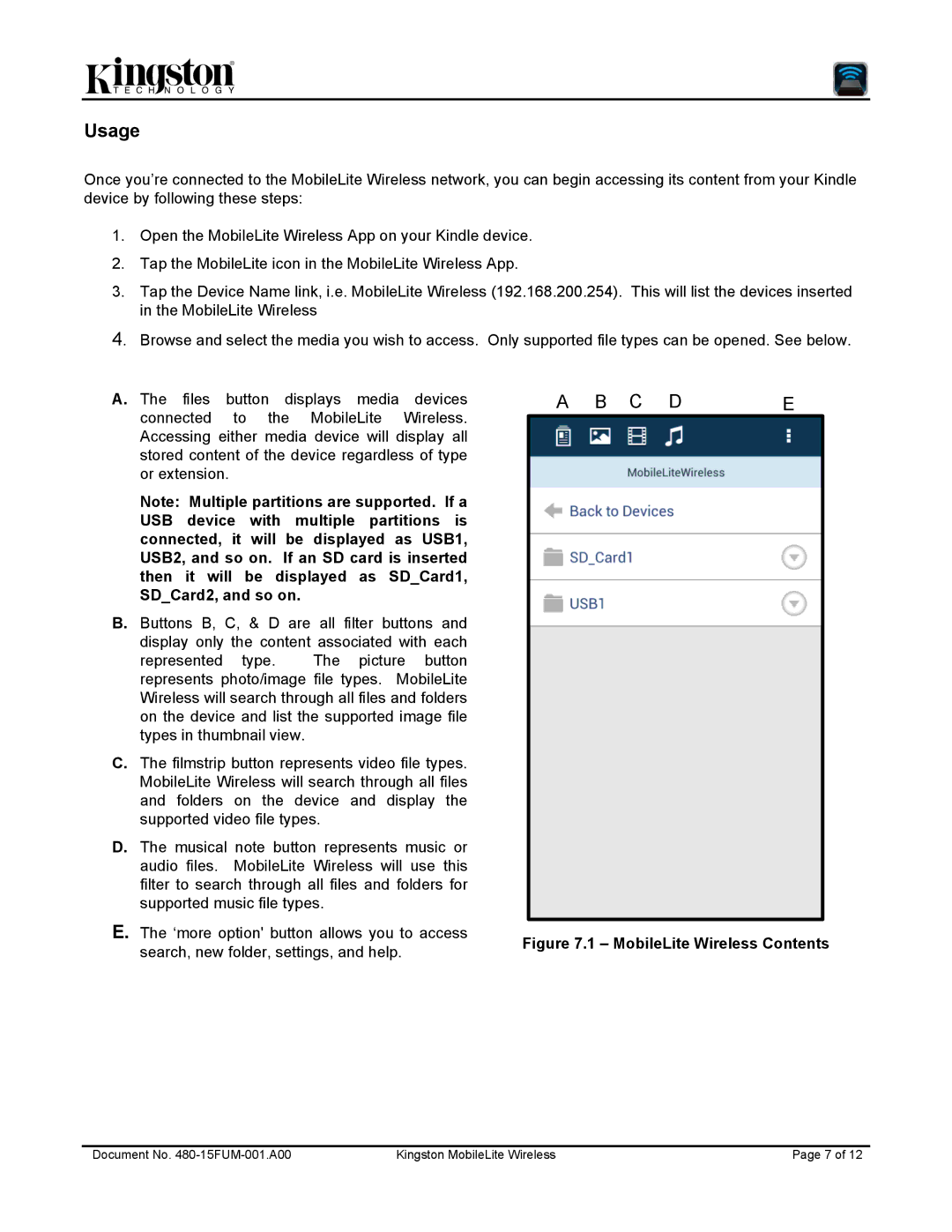 Kingston Technology 480-15FUM-001.A00 user manual Usage, MobileLite Wireless Contents 