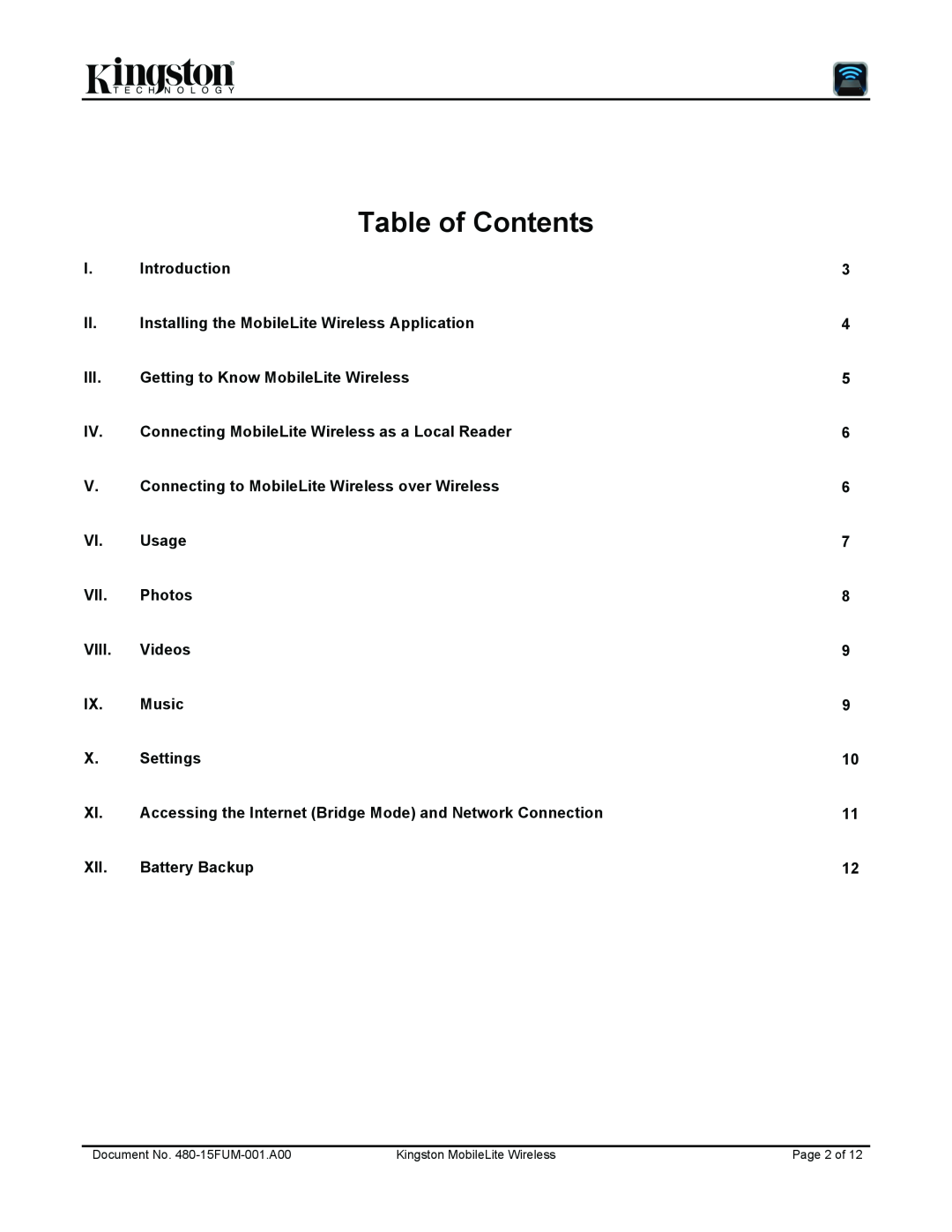 Kingston Technology 480-15FUM-001.A00 Table of Contents, III. Getting to Know MobileLite Wireless, XII. Battery Backup 
