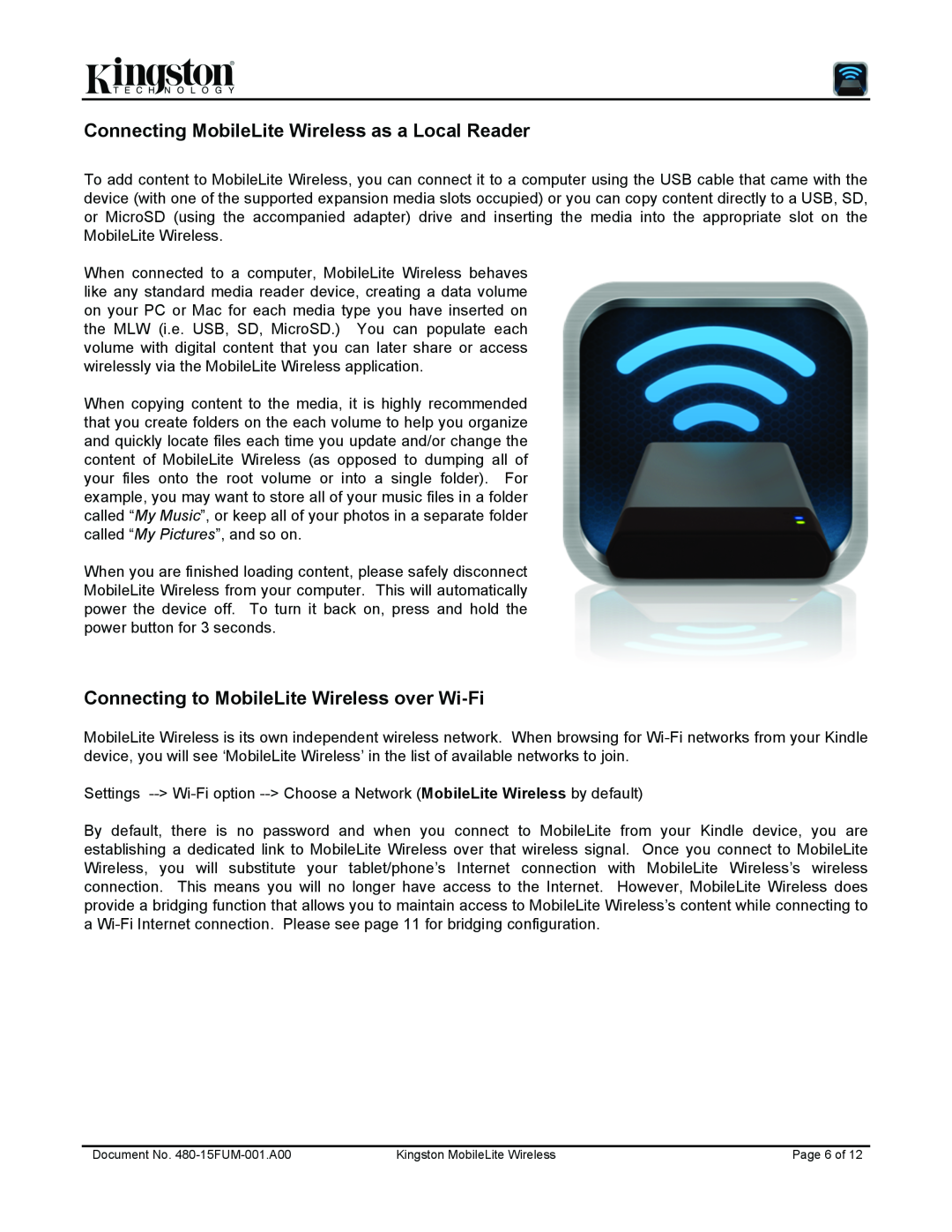 Kingston Technology 480-15FUM-001.A00 user manual Connecting MobileLite Wireless as a Local Reader 