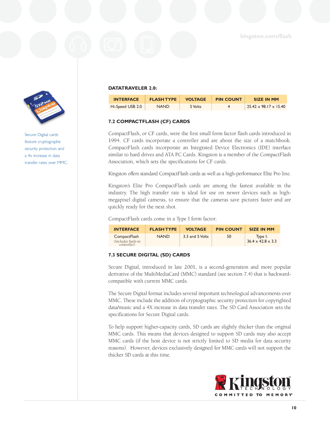 Kingston Technology Digital Media Guide specifications Compactflash CF Cards, Secure Digital SD Cards 
