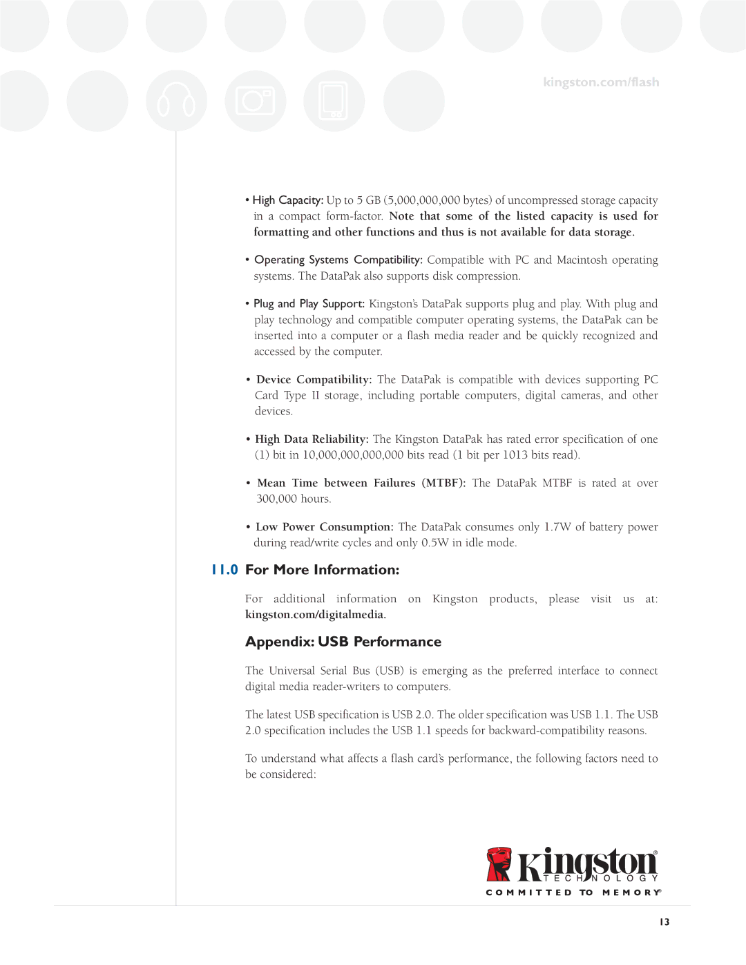 Kingston Technology Digital Media Guide specifications For More Information, Appendix USB Performance 