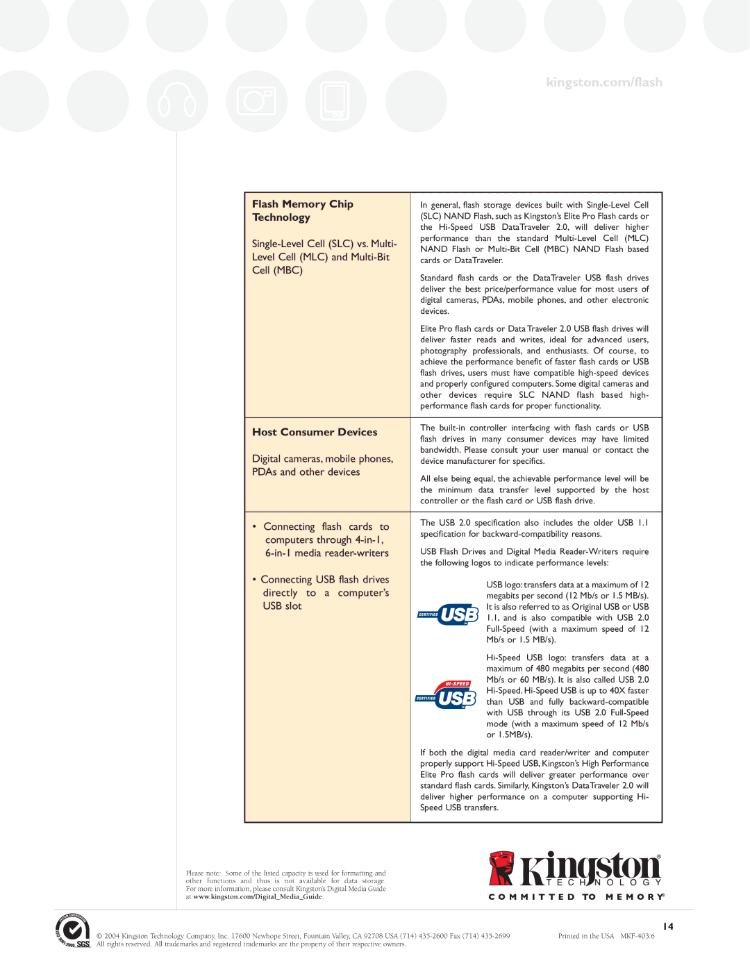 Kingston Technology Digital Media Guide specifications Flash Memory Chip 