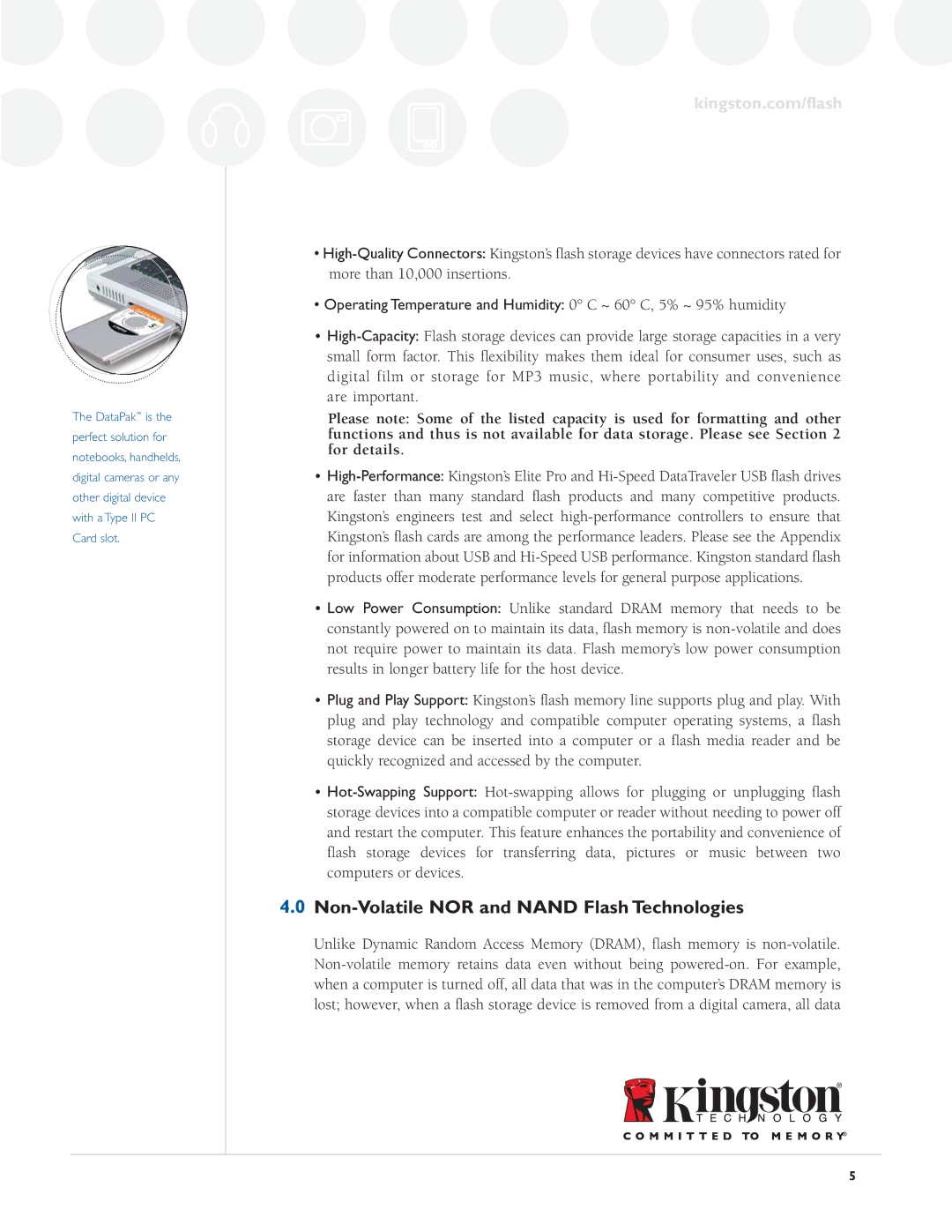 Kingston Technology Digital Media Guide specifications Non-Volatile NOR and Nand Flash Technologies 