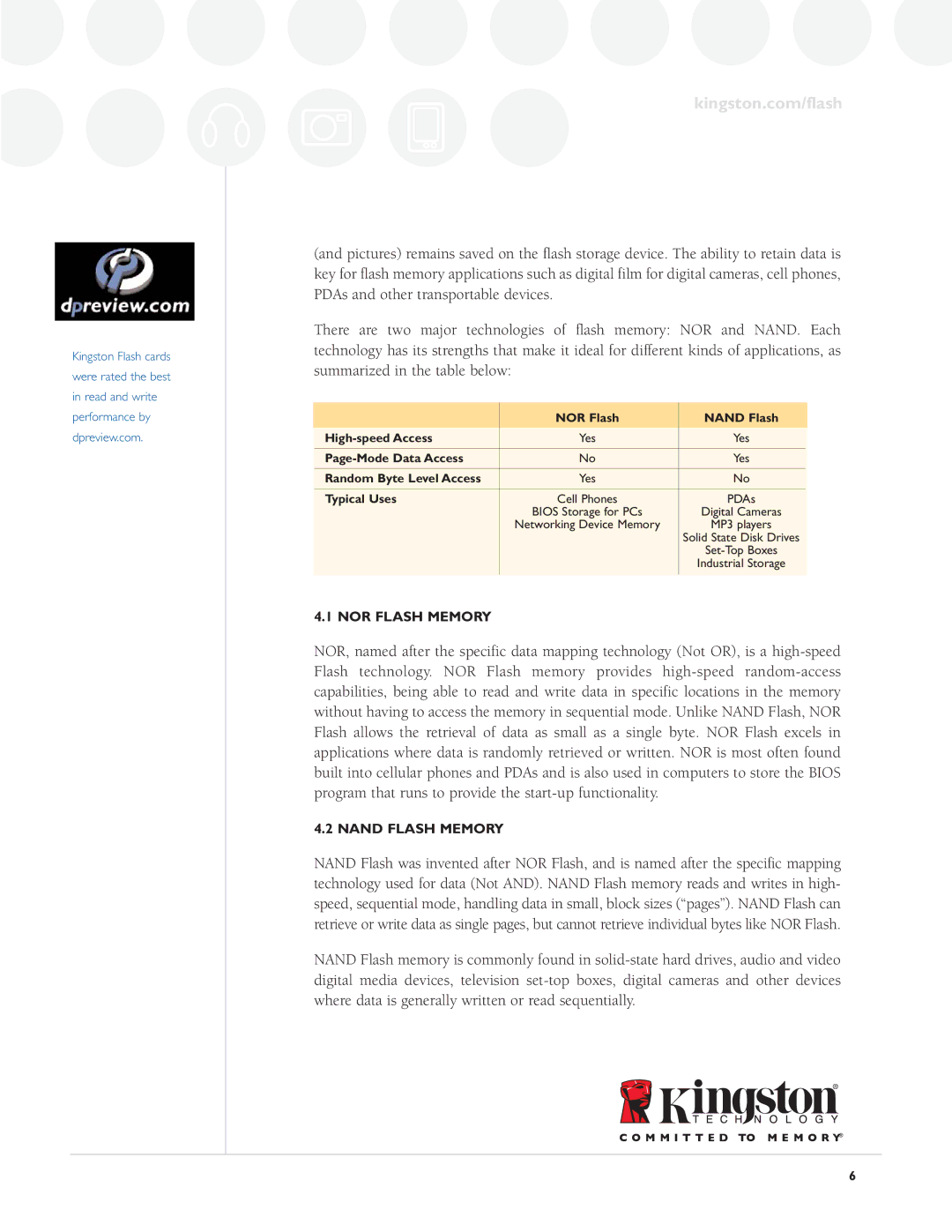 Kingston Technology Digital Media Guide specifications NOR Flash Memory, Nand Flash Memory 