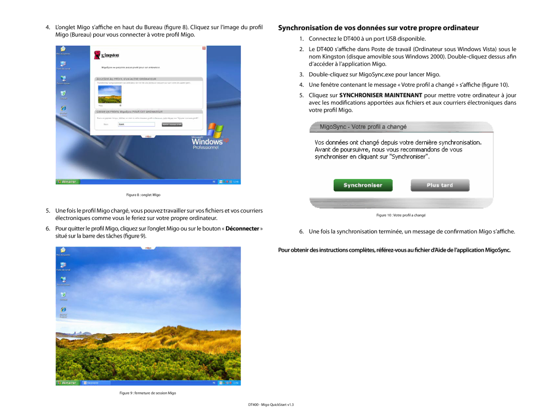 Kingston Technology DT400 quick start Synchronisation de vos données sur votre propre ordinateur, Onglet Migo 