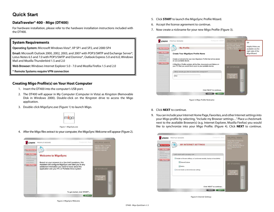 Kingston Technology quick start Quick Start, DataTraveler 400 Migo DT400, System Requirements 