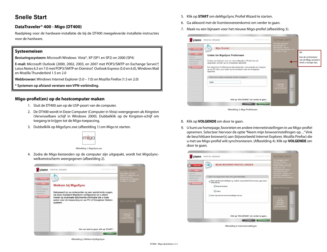 Kingston Technology DT400 quick start Snelle Start, Systeemeisen, Migo-profielen op de hostcomputer maken 