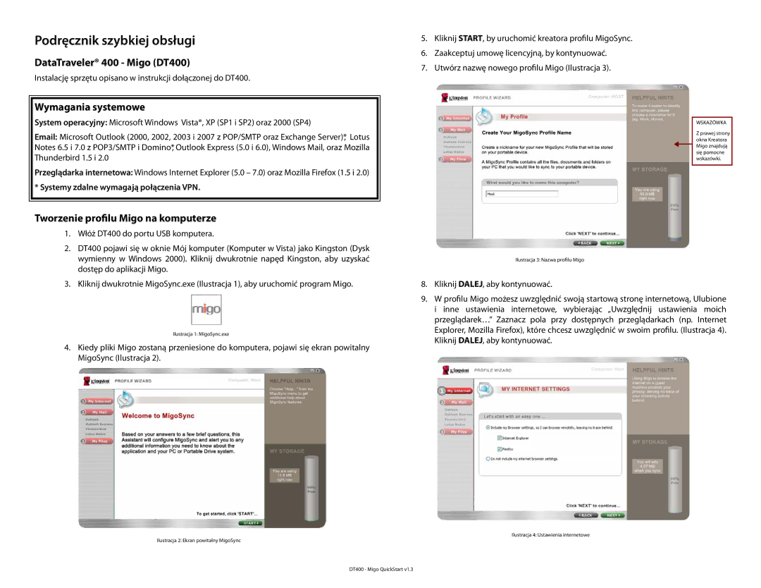 Kingston Technology DT400 Podręcznik szybkiej obsługi, Wymagania systemowe, Tworzenie profilu Migo na komputerze 