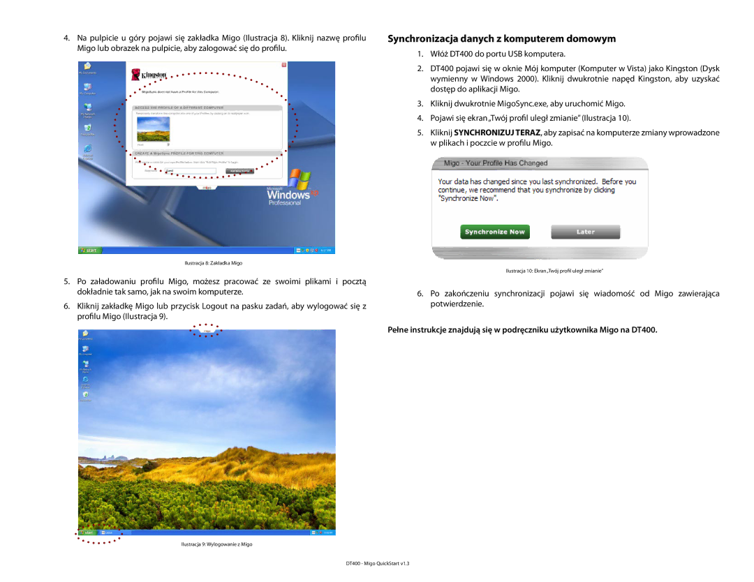 Kingston Technology DT400 quick start Synchronizacja danych z komputerem domowym, Uległ zmianie Ilustracja 