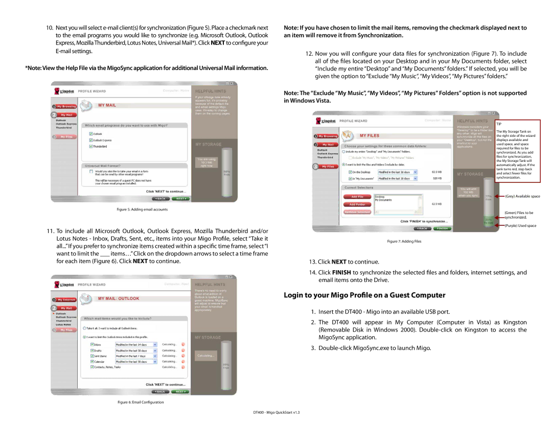 Kingston Technology DT400 quick start Login to your Migo Profile on a Guest Computer, Adding email accounts 