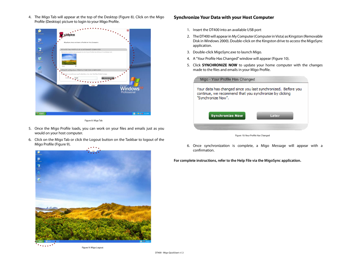 Kingston Technology DT400 quick start Synchronize Your Data with your Host Computer, Migo Tab 