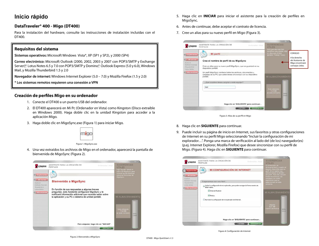 Kingston Technology DT400 quick start Inicio rápido, Requisitos del sistema, Creación de perfiles Migo en su ordenador 