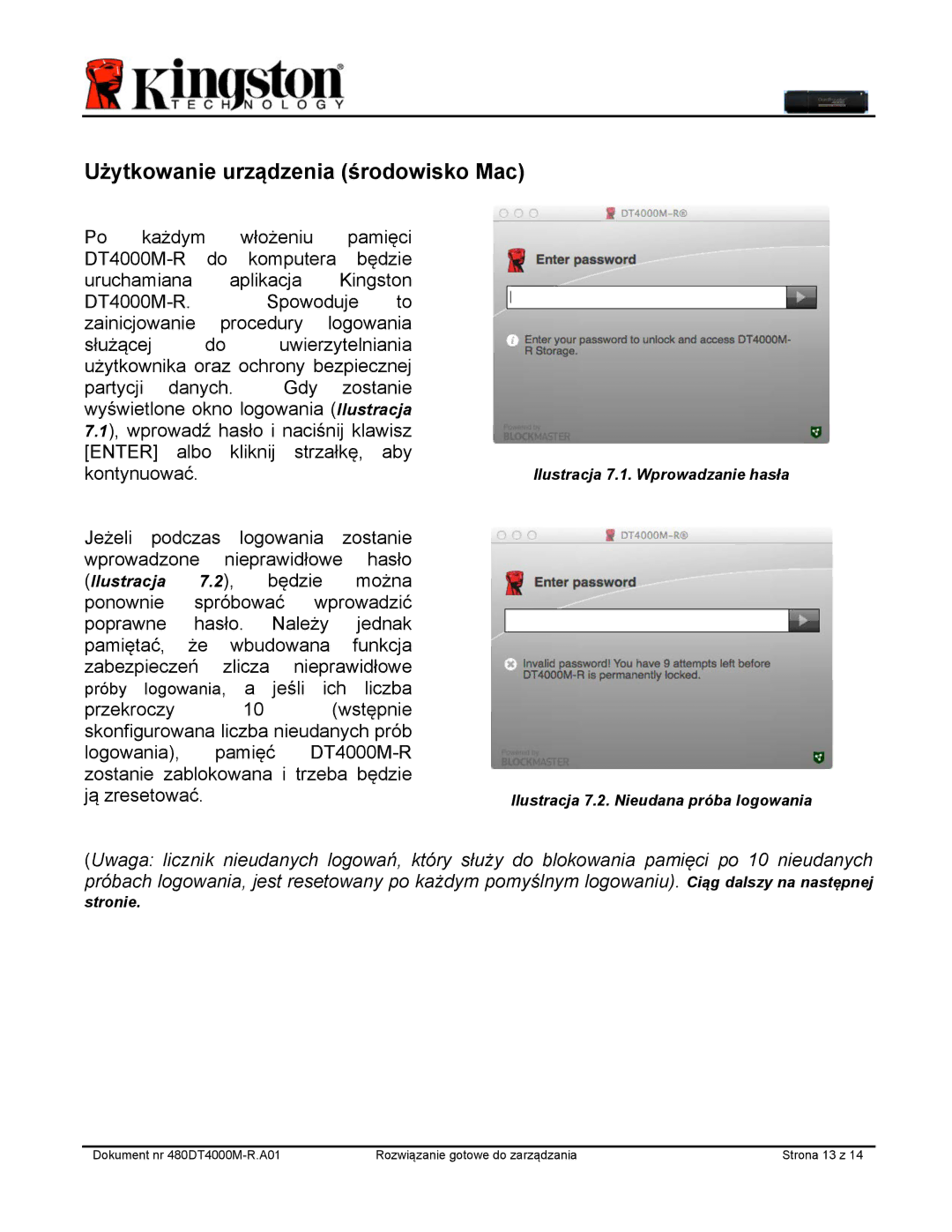 Kingston Technology DT4000M-R manual Użytkowanie urządzenia środowisko Mac 