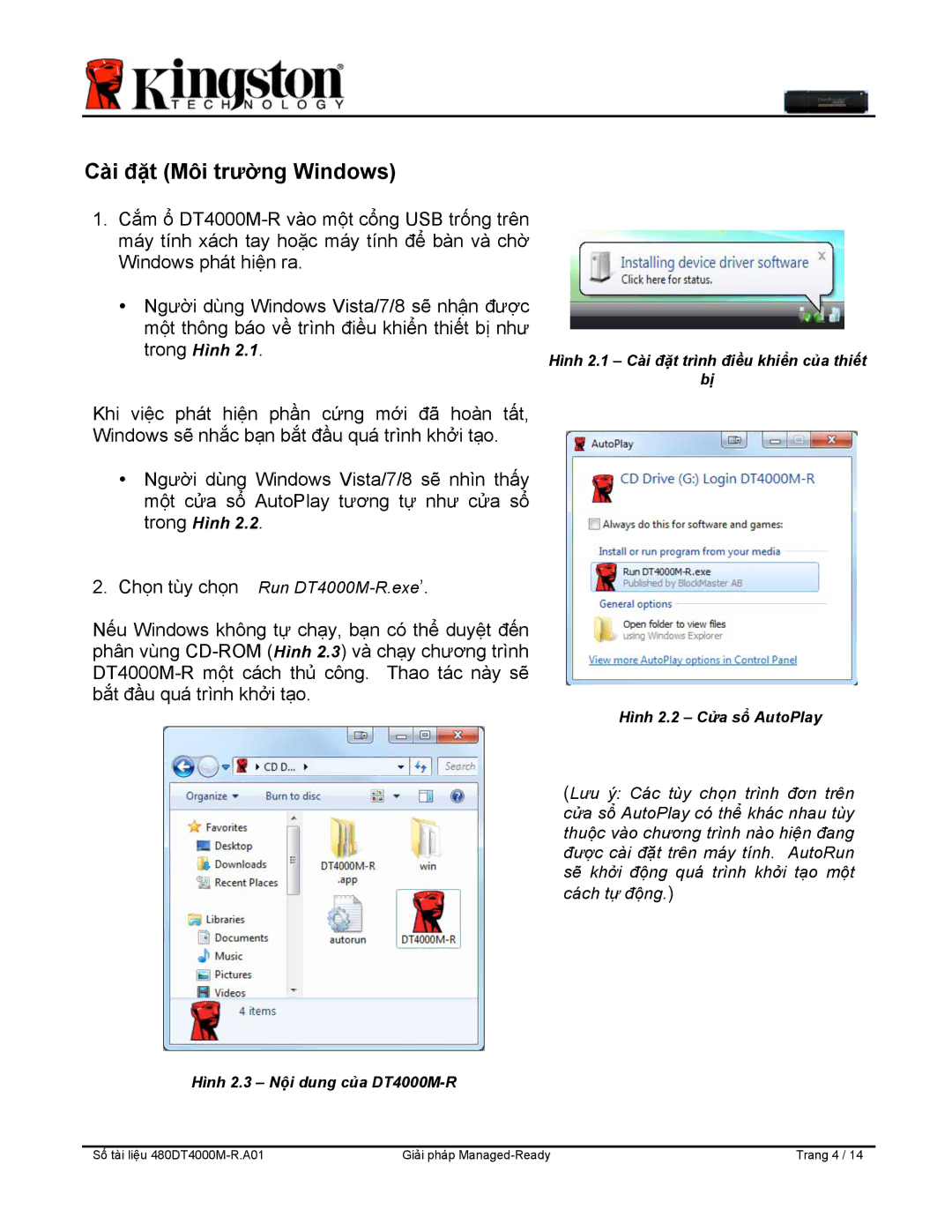 Kingston Technology DT4000M-R manual Cài đặt Môi trường Windows 