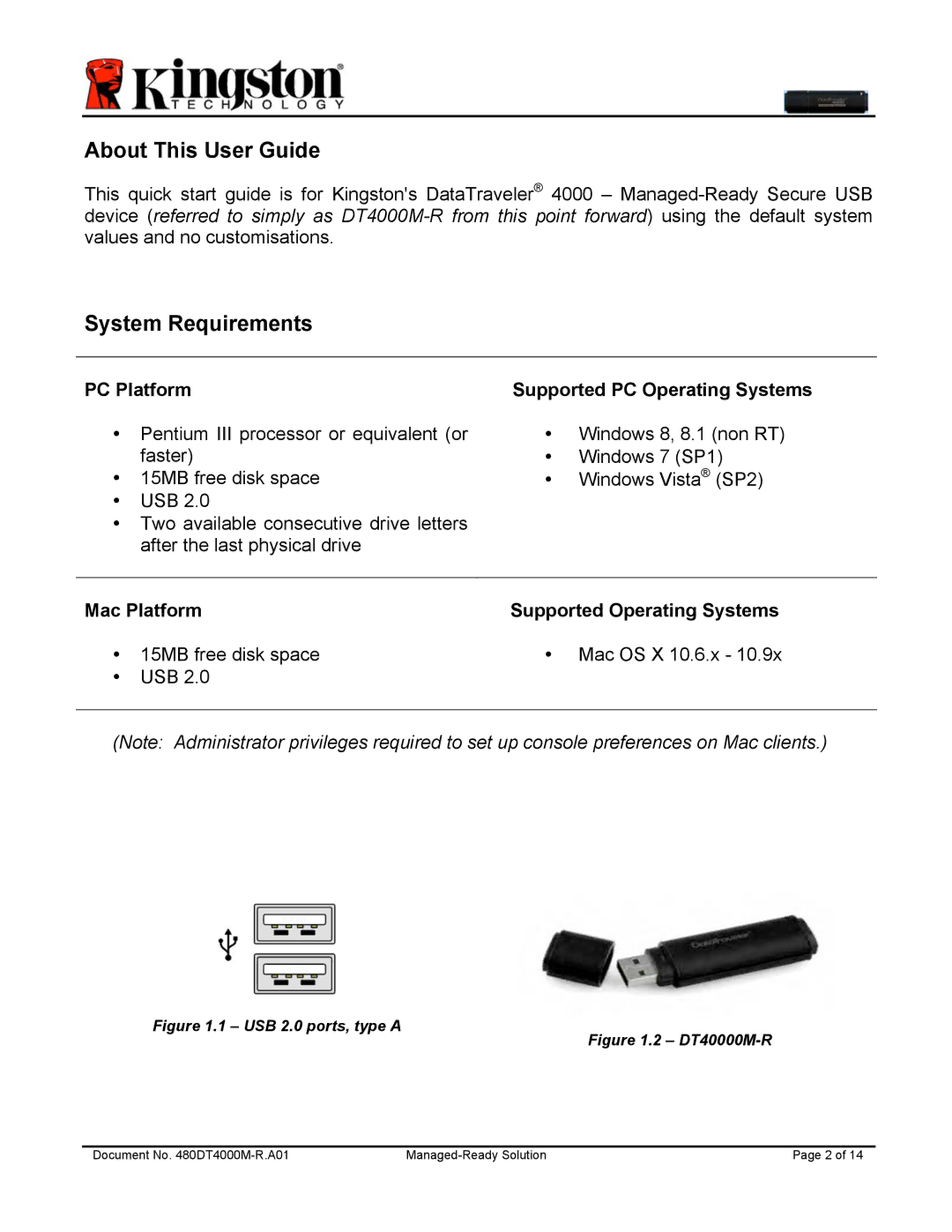 Kingston Technology DT4000M-R manual About This User Guide, System Requirements, PC Platform Supported PC Operating Systems 