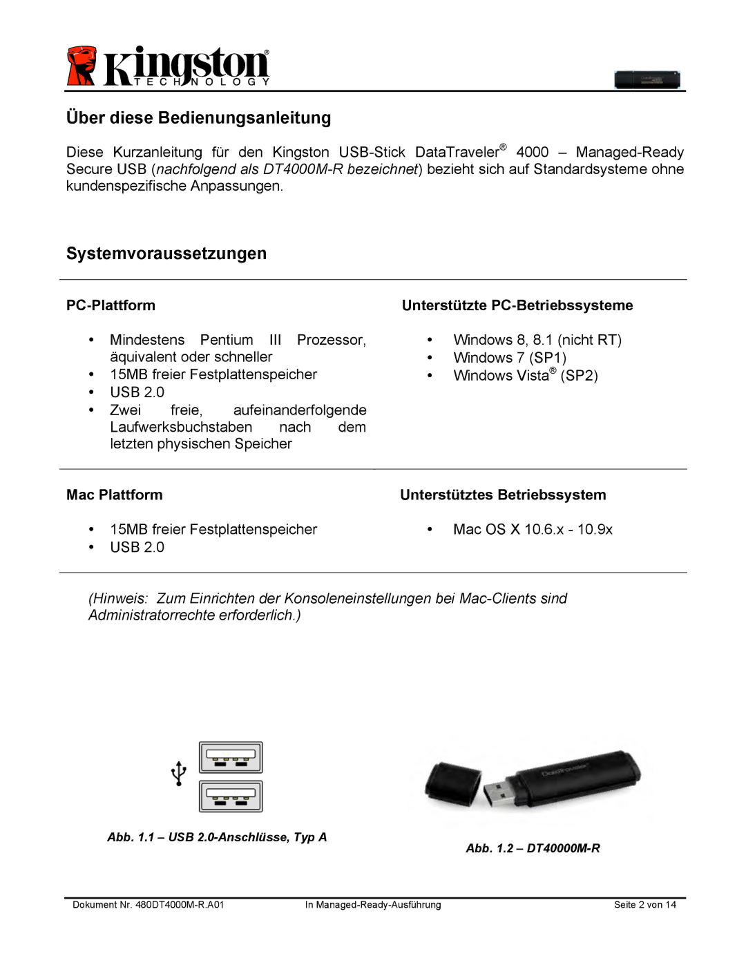 Kingston Technology DT4000M-R manual Über diese Bedienungsanleitung, Systemvoraussetzungen 