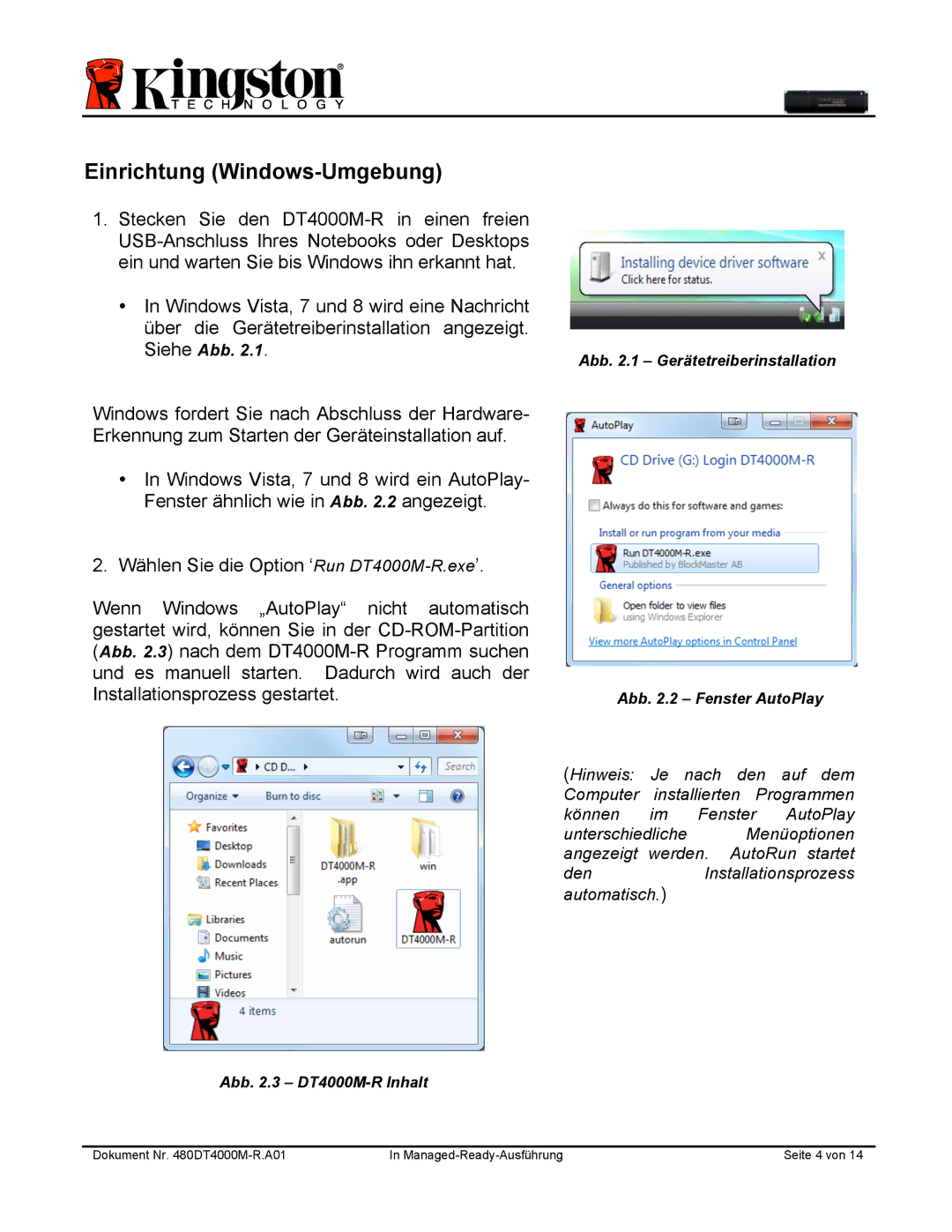 Kingston Technology DT4000M-R manual Einrichtung Windows-Umgebung 