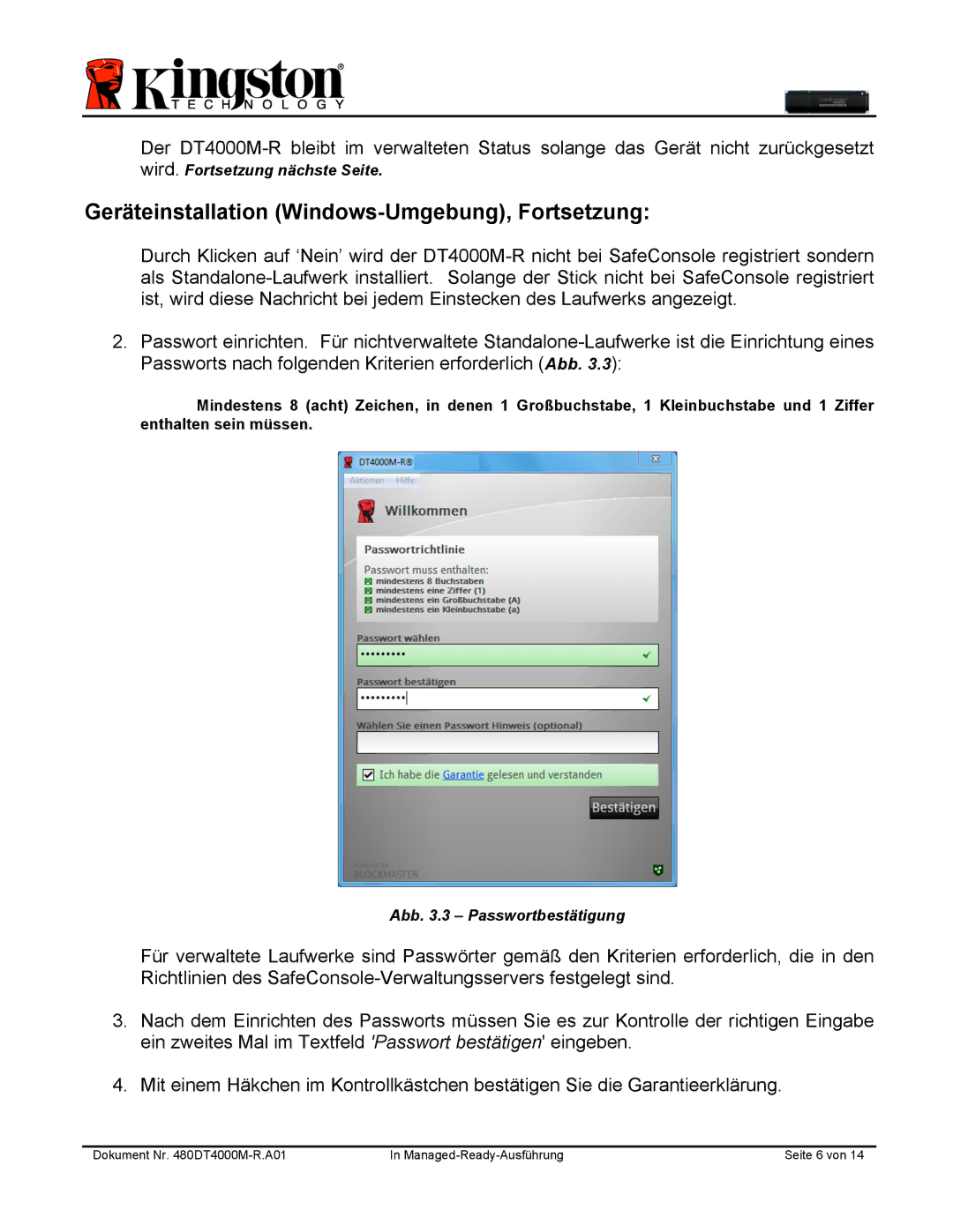 Kingston Technology DT4000M-R manual Geräteinstallation Windows-Umgebung, Fortsetzung 