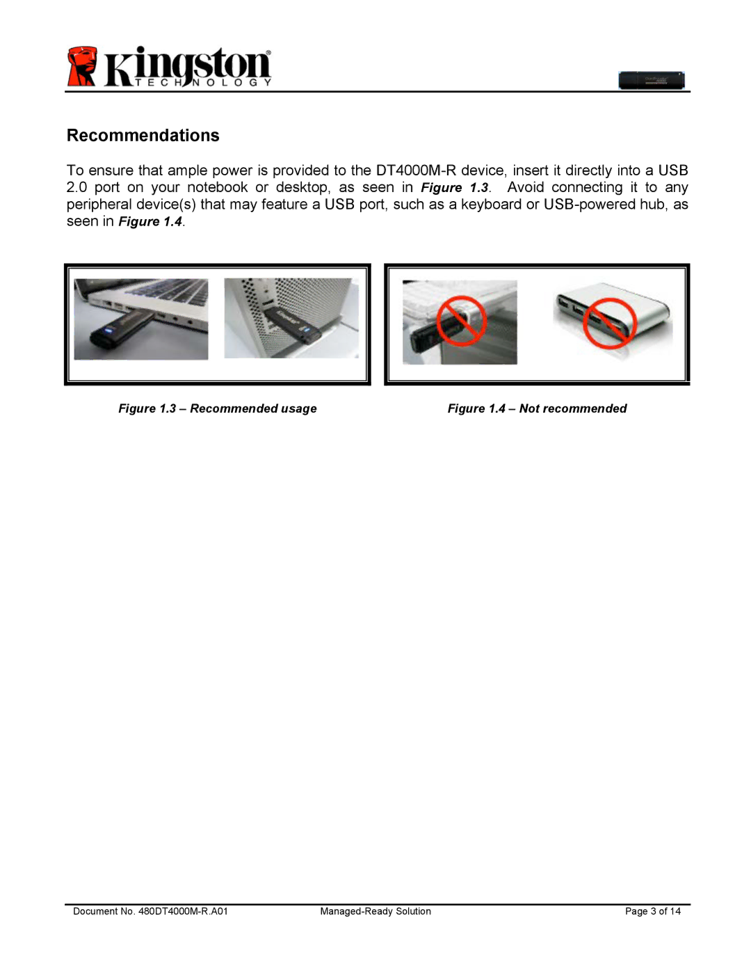 Kingston Technology DT4000M-R manual Recommendations, Recommended usage 