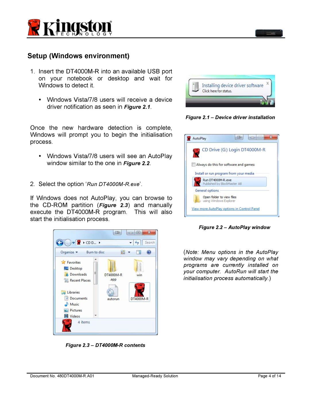 Kingston Technology DT4000M-R manual Setup Windows environment, Device driver installation 