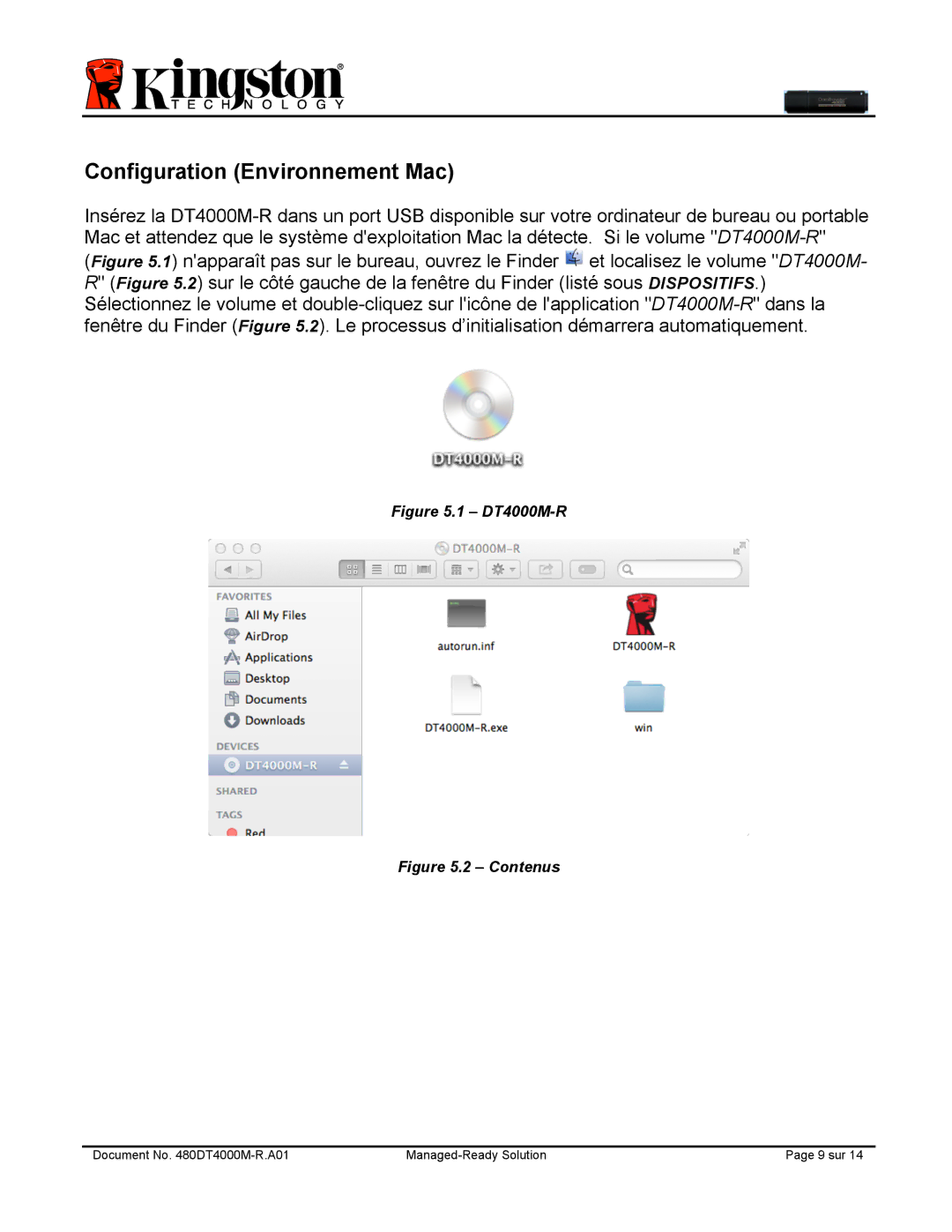 Kingston Technology DT4000M-R manual Configuration Environnement Mac, Contenus 