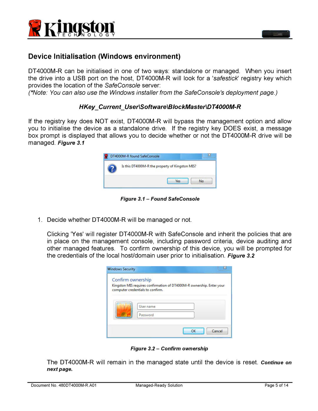 Kingston Technology manual Device Initialisation Windows environment, HKeyCurrentUser\Software\BlockMaster\DT4000M-R 