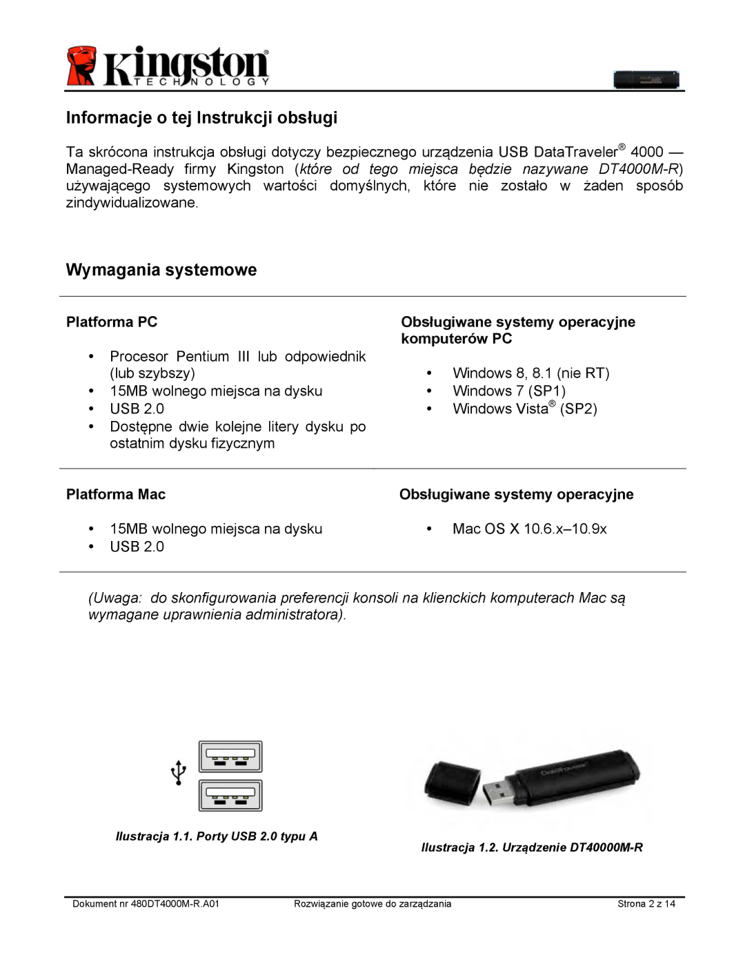 Kingston Technology DT4000M-R manual Informacje o tej Instrukcji obsługi, Wymagania systemowe 