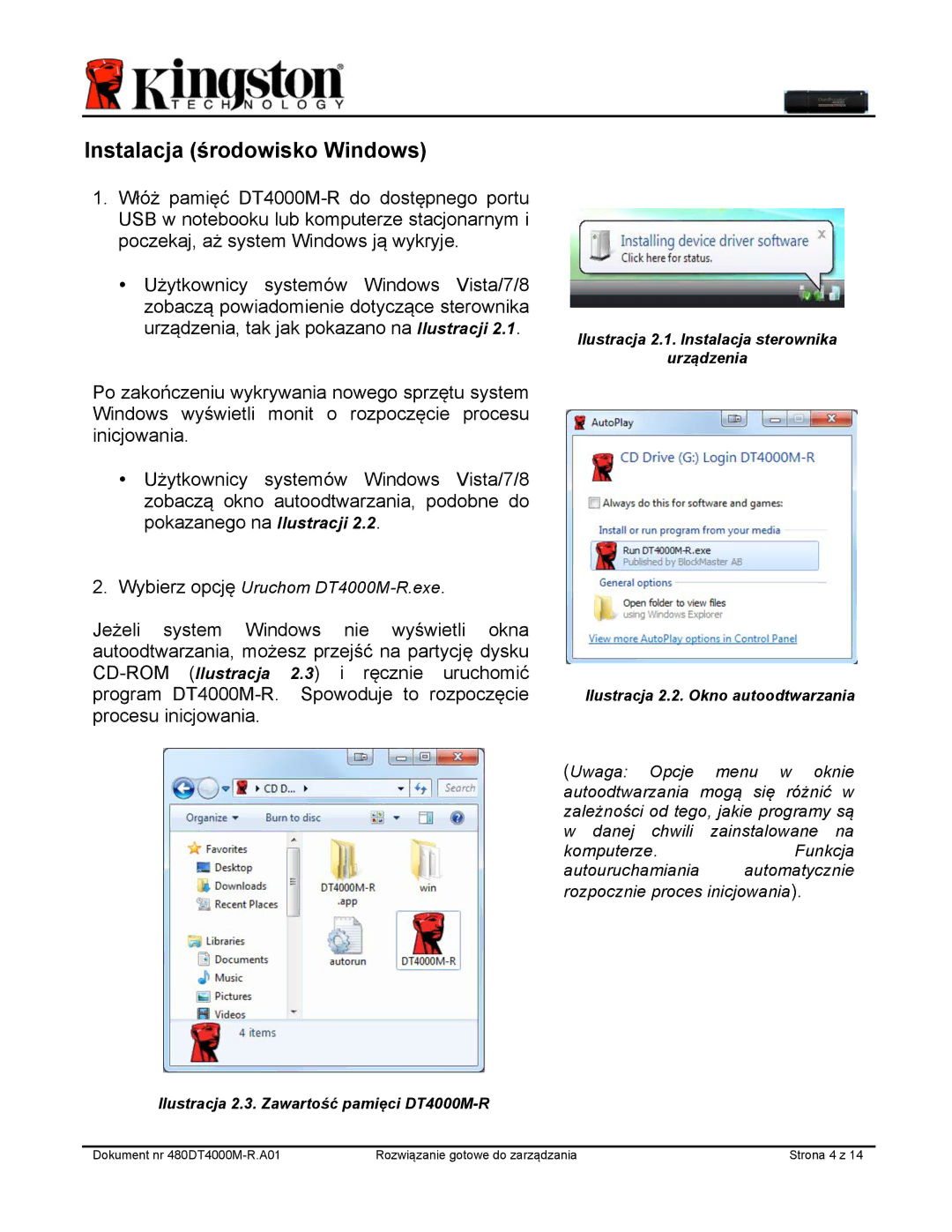 Kingston Technology DT4000M-R manual Instalacja środowisko Windows 