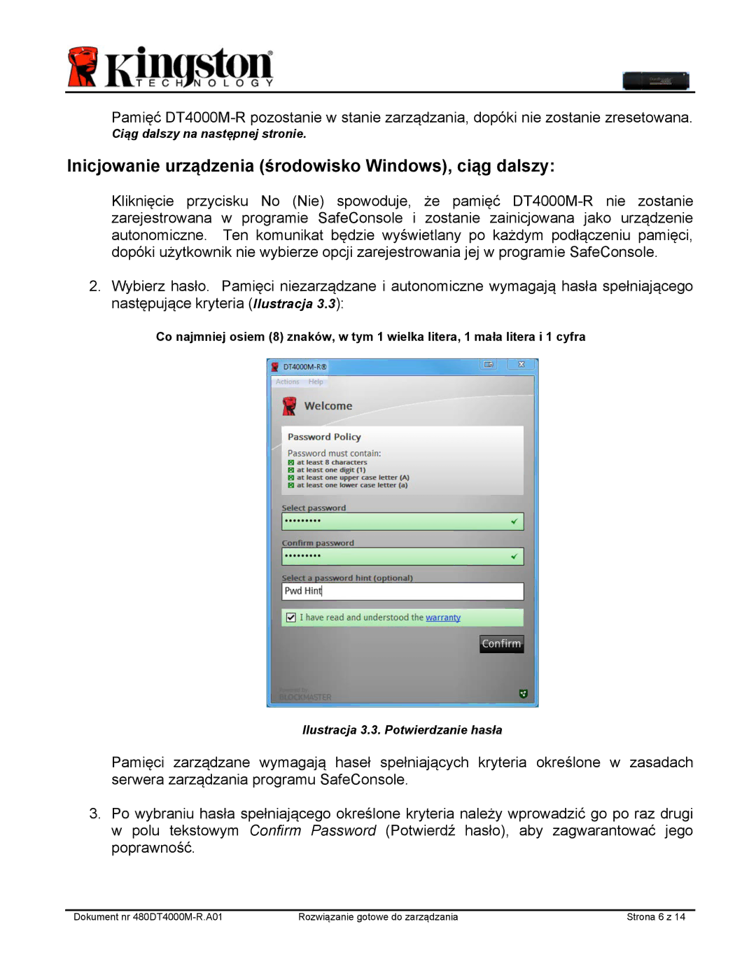 Kingston Technology DT4000M-R manual Inicjowanie urządzenia środowisko Windows, ciąg dalszy 