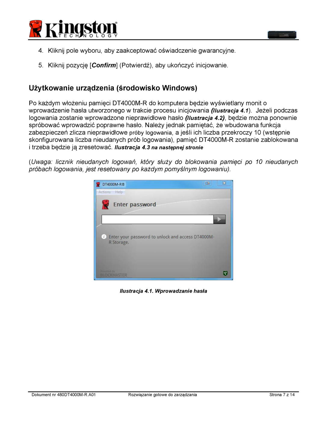 Kingston Technology DT4000M-R manual Użytkowanie urządzenia środowisko Windows 