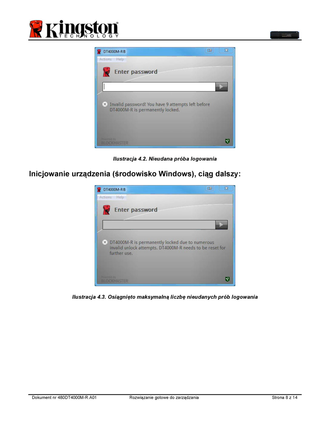 Kingston Technology DT4000M-R manual Ilustracja 4.2. Nieudana próba logowania 