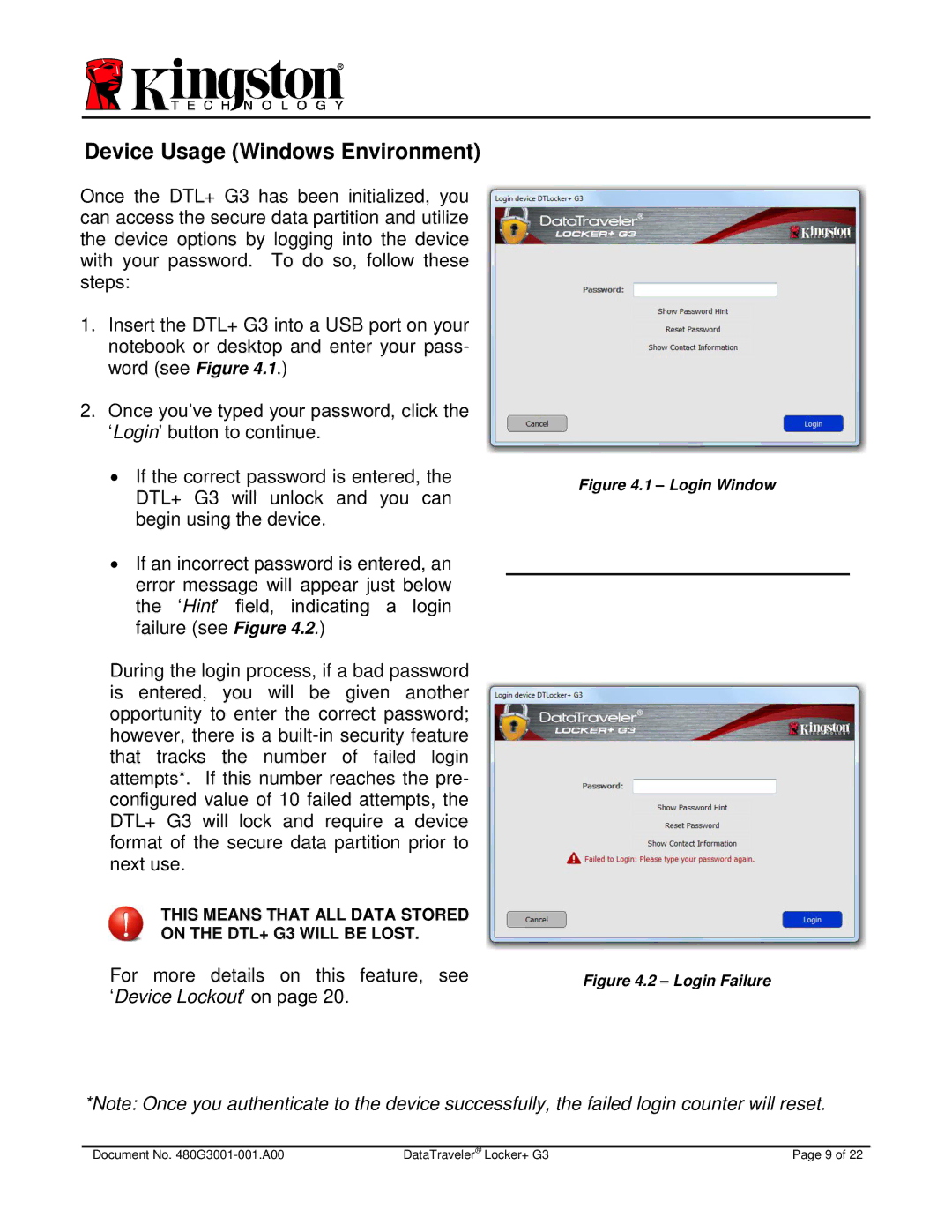 Kingston Technology DTLPG3 manual Device Usage Windows Environment, Login Window 