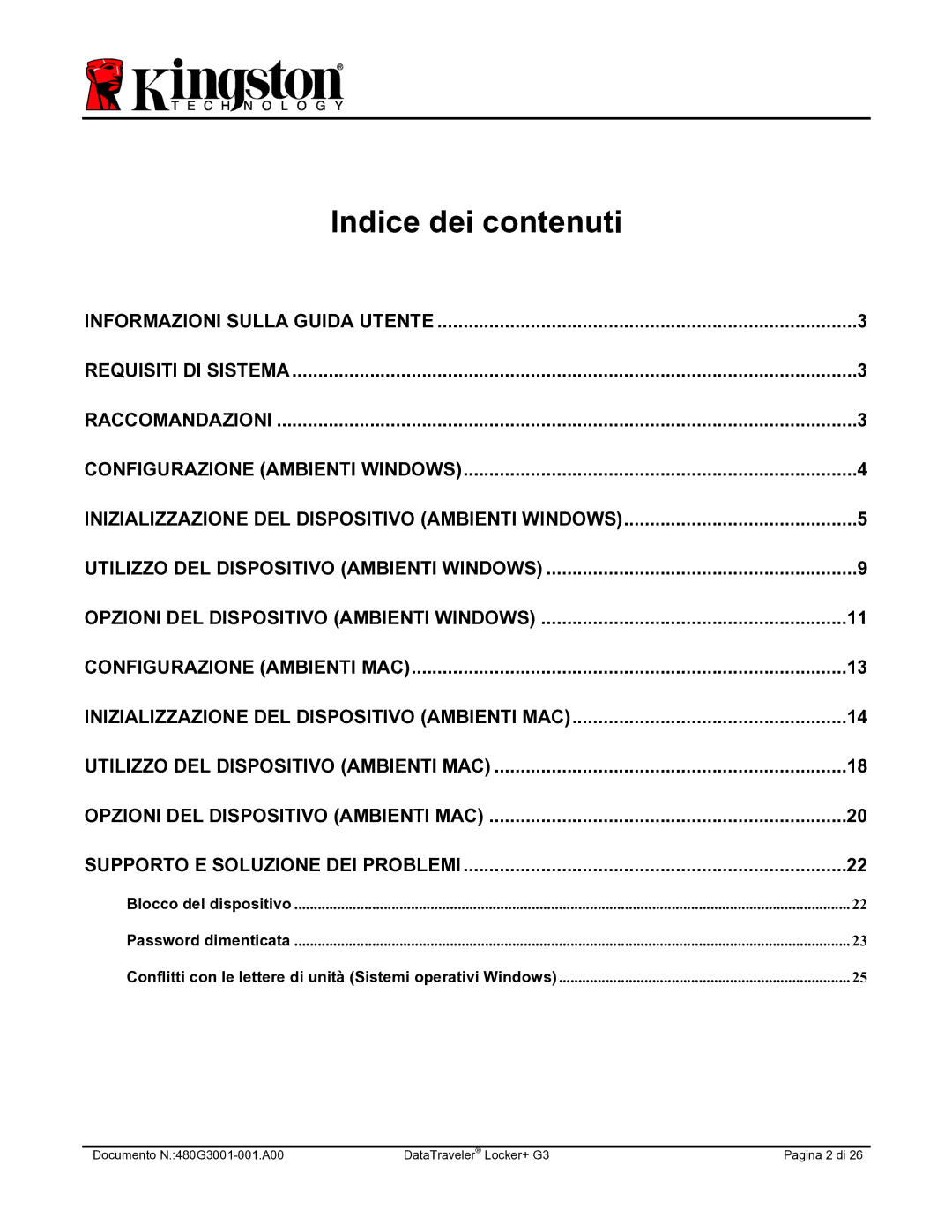 Kingston Technology DTLPG3 manual Indice dei contenuti 