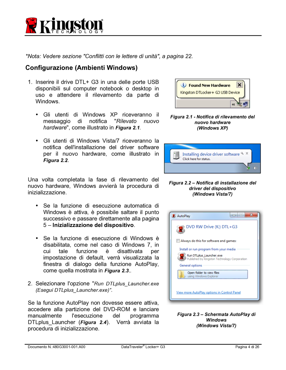 Kingston Technology DTLPG3 manual Configurazione Ambienti Windows, Figura 2.3 Schermata AutoPlay di Windows Windows Vista/7 