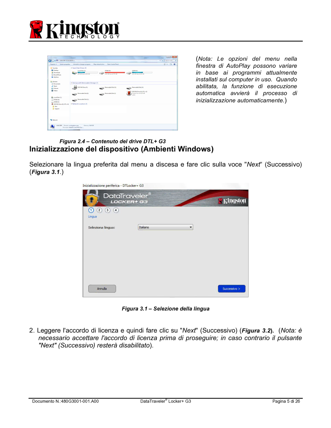 Kingston Technology DTLPG3 manual Inizializzazione del dispositivo Ambienti Windows, Figura 2.4 Contenuto del drive DTL+ G3 